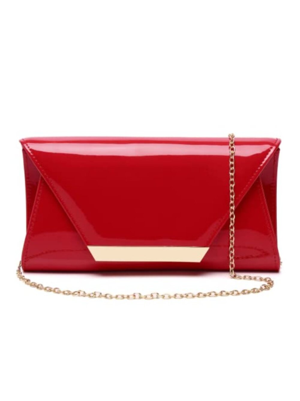 Faux Patent Leather Envelope Clutch Foldover Evening Bag with Chain